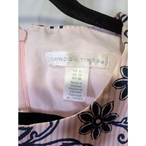 London Times  Pink Stripe Navy Floral Sleeveless Work Dress Sheath Office Career - Picture 3 of 6